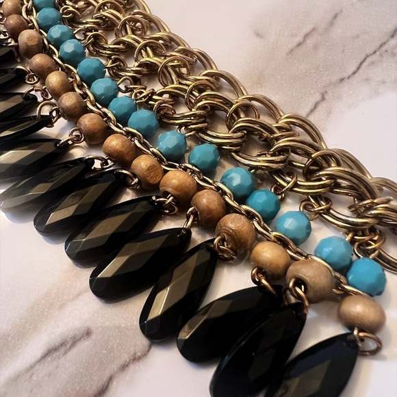 Statement Bib Necklace Gold Tone Turquoise Black And Wooden Beads Dangle Boho - Picture 6 of 6
